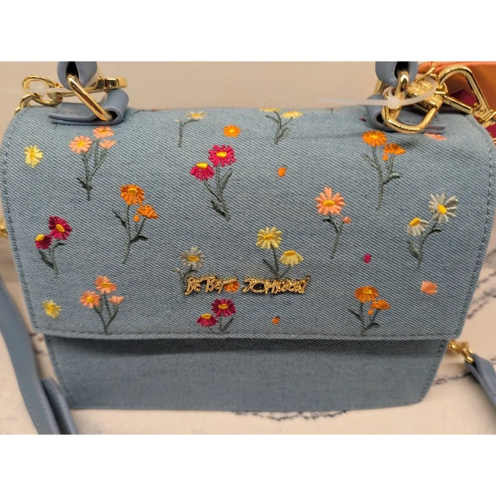 Betsey Johnson Denim Floral Embroidered Handbag Crossbody Balloon Bag Charm NWT